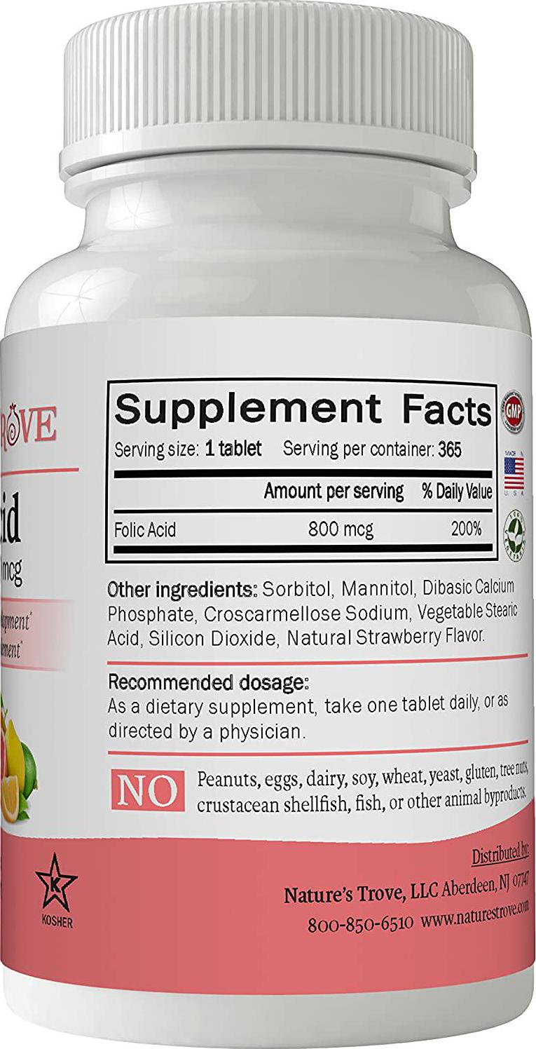 Folic Acid 800 mcg (B9 Vitamin) by Nature's Trove - 365 EZ Chew Tablets Strawberry Flavor