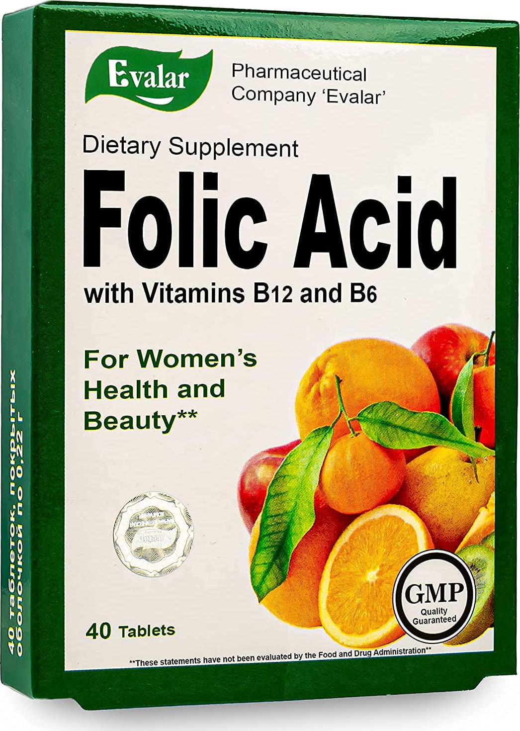 Folic Acid Evalar Siberian Supplement with Vitamin B6 and B12 40 Tablets Supports Prenatal Health and Beauty Energy Metabolism Фолиевая Кислота Эвалар Женское Здоровье Красота