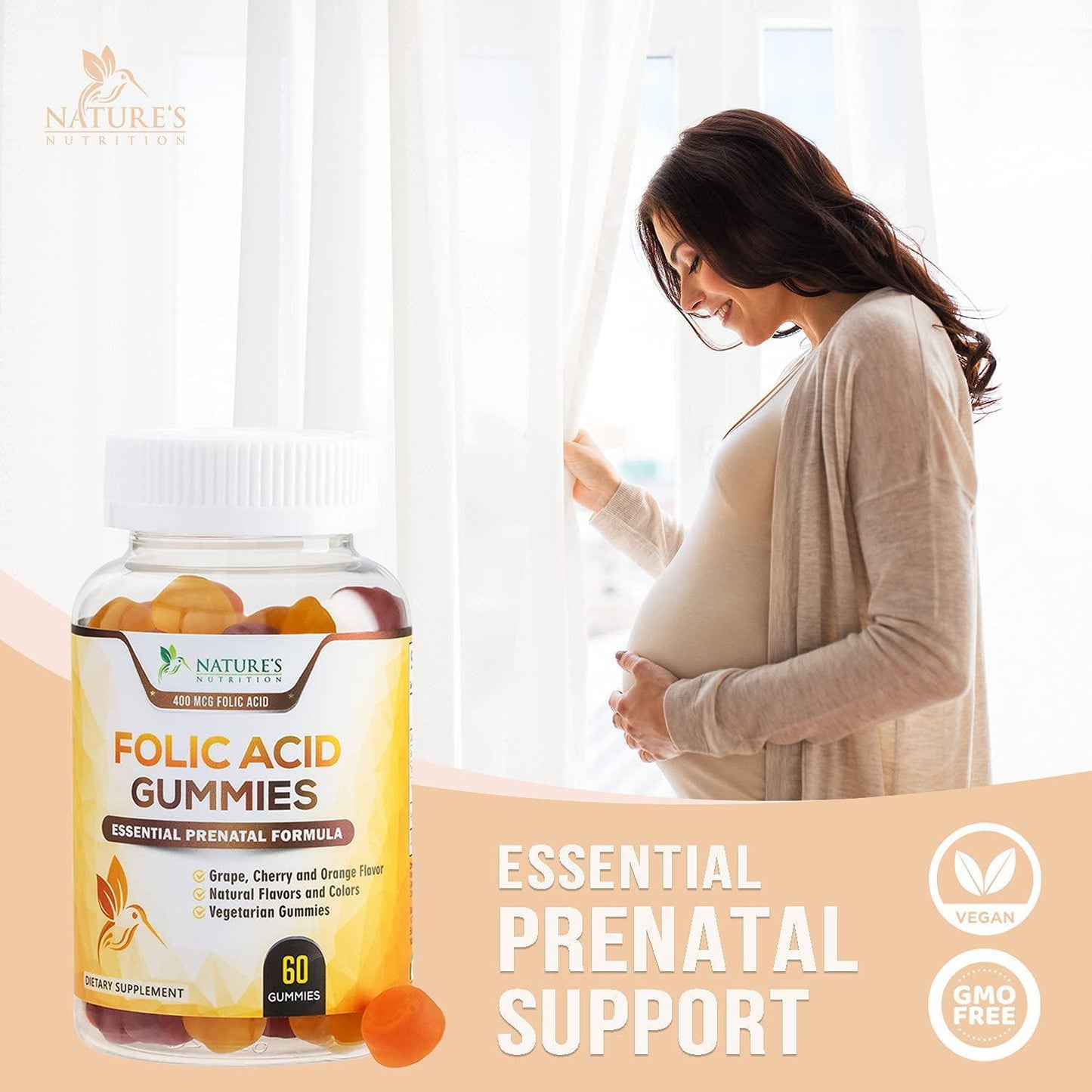 Folic Acid Gummies for Women 400mcg, Essential Support for Mom and Baby, Extra Strength Prenatal Vitamins, Chewable Folate Nutrition Supplement for Before, During, and After Pregnancy - 60 Gummies