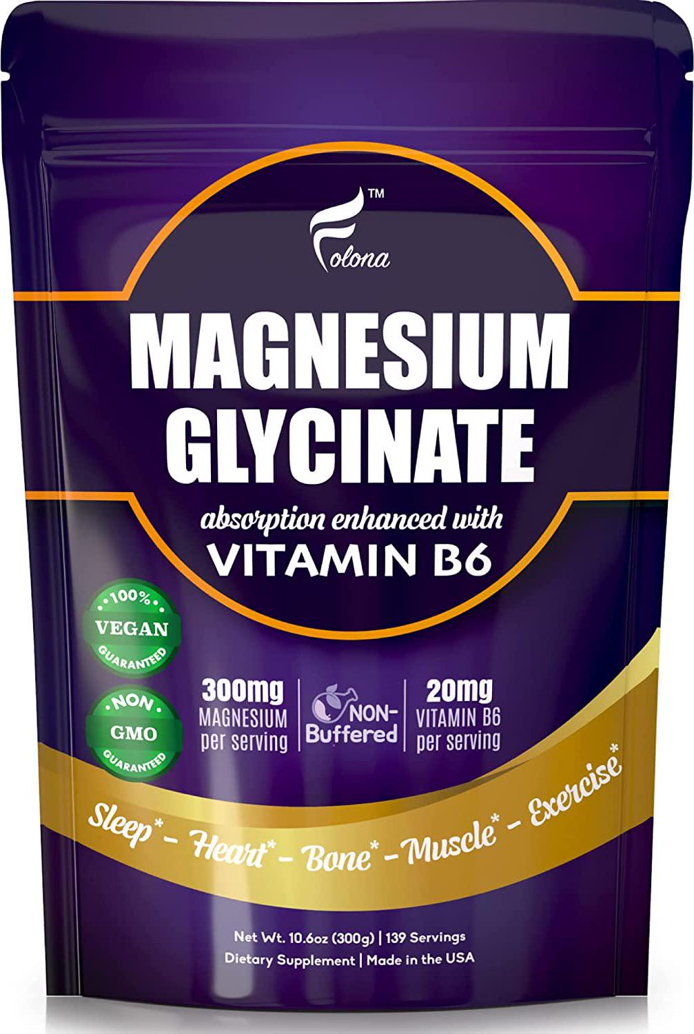 Folona Magnesium Glycinate Powder with Vitamin B6, Research Proven to Enhance Absorption, Supports Sleep, Relaxation, Stress Relief, Energy, Muscle Cramps, Fully Chelated, Vegan, 300g, 139 Servings