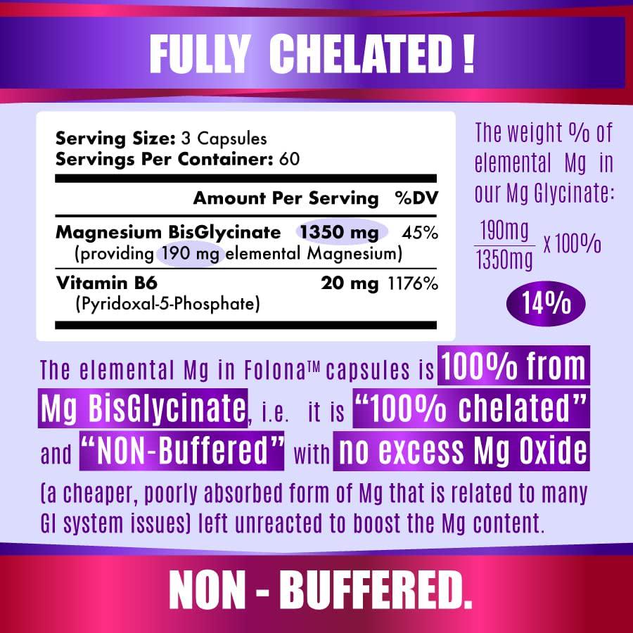 Folona Magnesium Glycinate with Vitamin B6 to Enhance Absorption - 1350mg Fully Chelated, Supports Sleep, Relaxation, Stress Relief, Energy, Muscle Cramps, Gluten Free, Non-GMO, 180 Vegan Capsules