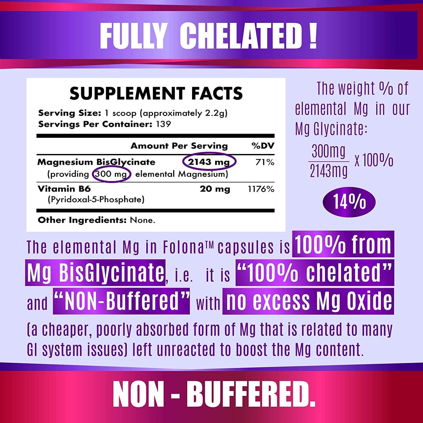 Folona Magnesium Glycinate Powder with Vitamin B6, Research Proven to Enhance Absorption, Supports Sleep, Relaxation, Stress Relief, Energy, Muscle Cramps, Fully Chelated, Vegan, 300g, 139 Servings