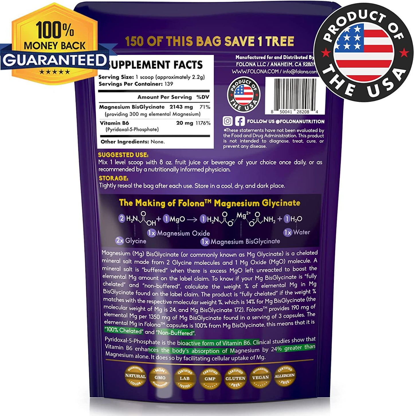 Folona Magnesium Glycinate Powder with Vitamin B6, Research Proven to Enhance Absorption, Supports Sleep, Relaxation, Stress Relief, Energy, Muscle Cramps, Fully Chelated, Vegan, 300g, 139 Servings