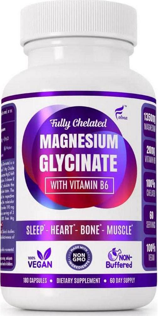 Folona Magnesium Glycinate with Vitamin B6 to Enhance Absorption - 1350mg Fully Chelated, Supports Sleep, Relaxation, Stress Relief, Energy, Muscle Cramps, Gluten Free, Non-GMO, 180 Vegan Capsules