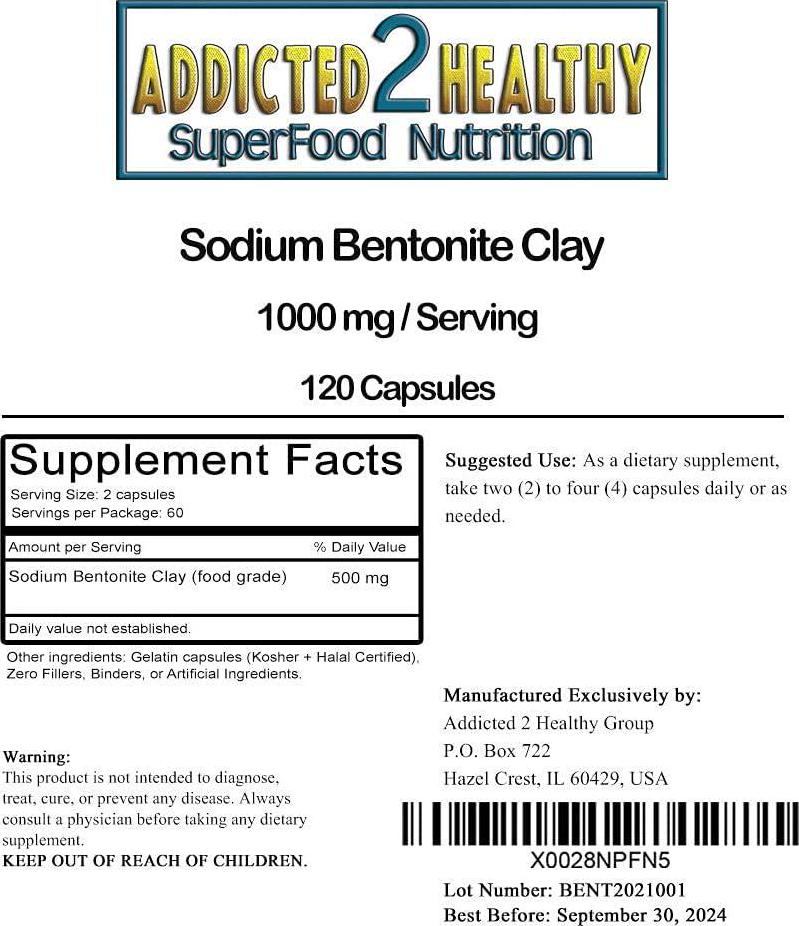 Food Grade Sodium Bentonite Clay Powder Capsules (1000 mg) 120 Count by Addicted 2 Healthy
