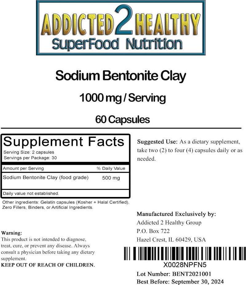 Food Grade Sodium Bentonite Clay Powder Capsules (1000 mg) 300 Count Bundle (60 Capsules x 5 Packages) by Addicted 2 Healthy