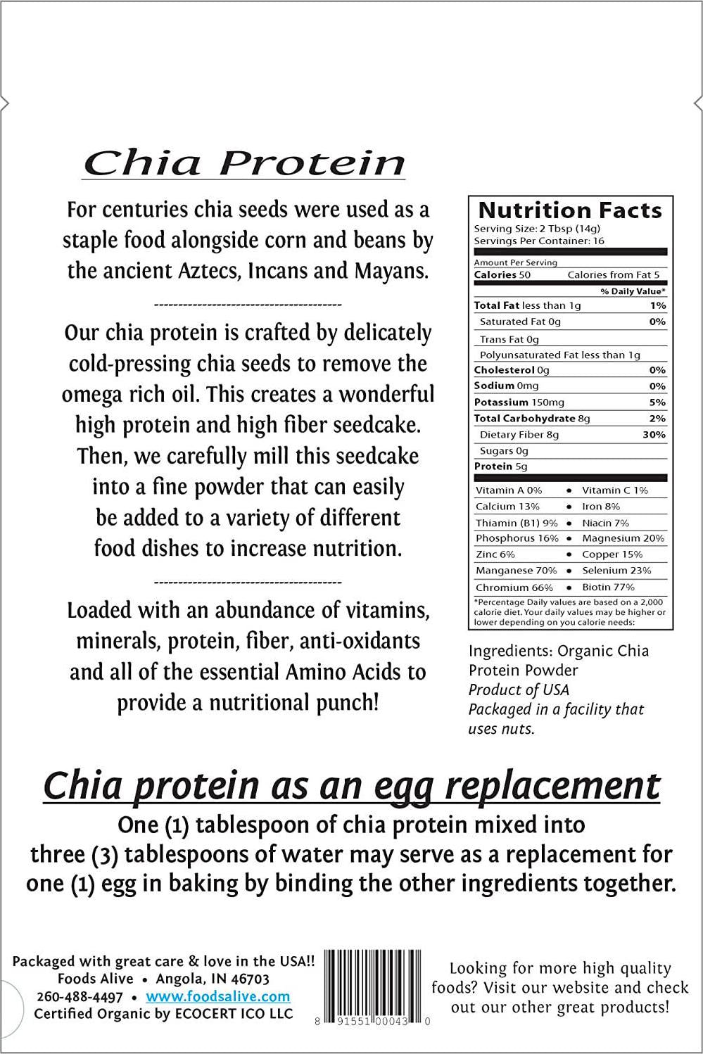 Foods Alive Chia Protein Powder- 8oz Organic, Gluten Free, Keto, Vegan Protein Powder; Low Carb Protein Powder Made from Raw Chia Seeds, Great for Making Plant Based Protein Shake