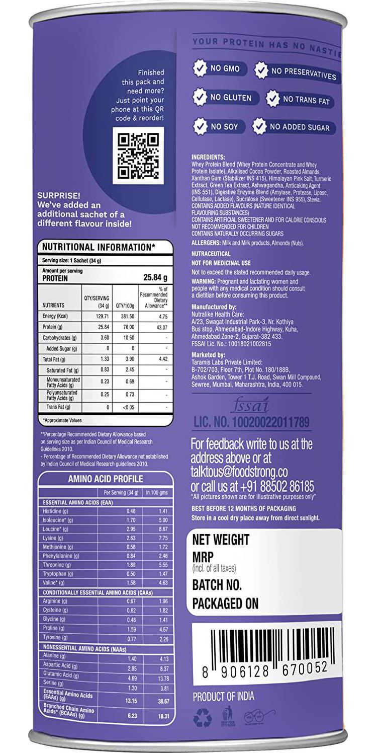 Foodstrong Daily Protein, Almond Chocolate, Clean Grass Fed Whey Protein Powder with Turmeric and Green Tea, 25G of Protein, Hormone Free Non GMO Gluten Free No Added Sugar, 16 Servings, 19.1 Ounce
