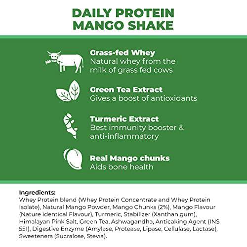 Foodstrong Daily Protein, Mango Shake, Clean Grass Fed Whey Protein Powder with Turmeric and Green Tea, 24G of Protein, Hormone Free Non GMO Gluten Free No Added Sugar, 16 Servings, 18.6 Ounce