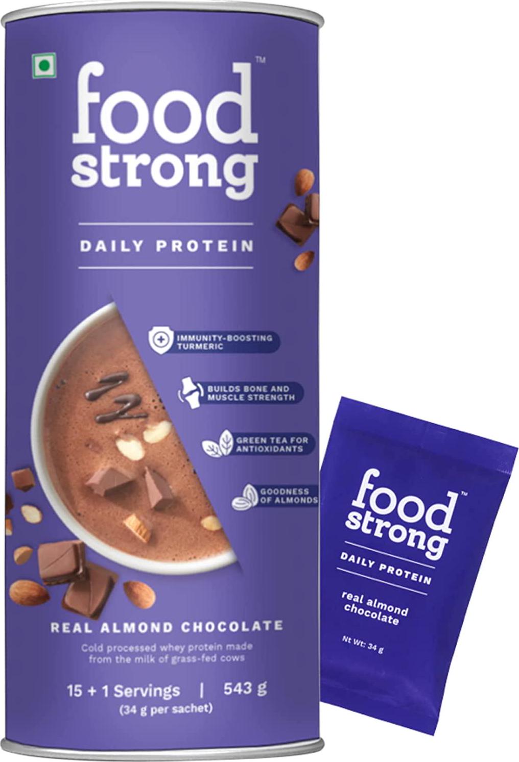 Foodstrong Daily Protein, Almond Chocolate, Clean Grass Fed Whey Protein Powder with Turmeric and Green Tea, 25G of Protein, Hormone Free Non GMO Gluten Free No Added Sugar, 16 Servings, 19.1 Ounce