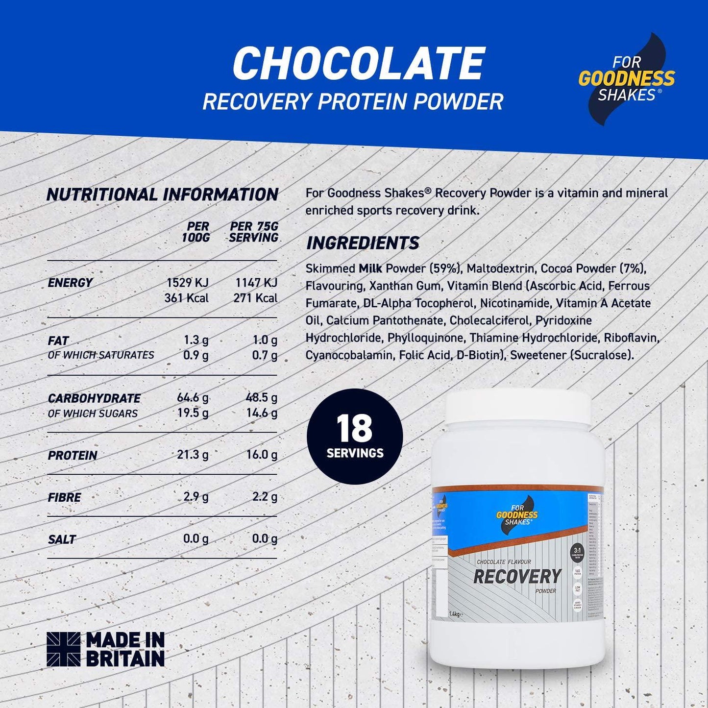 For Goodness Shakes Milk Chocolate Recovery Powder Tub 20 Servings