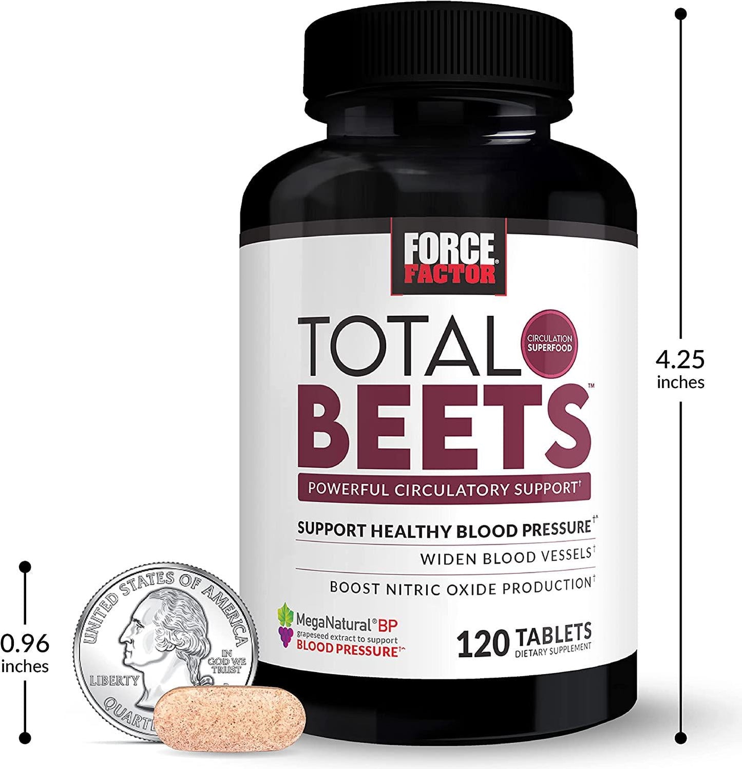 Force Factor Total Beets Blood Pressure Support Supplement with Nitrates and Grapeseed Extract to Boost Nitric Oxide, Circulatory and Cardiovascular Vasodilator Heart Health Vitamins, 120 Count