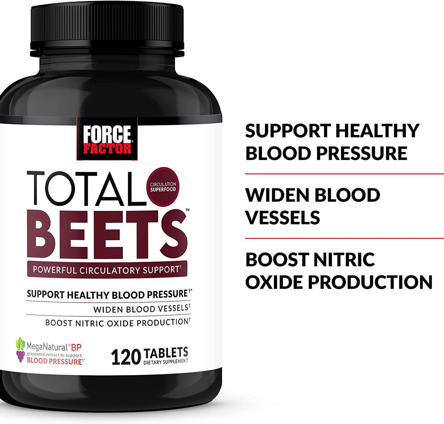 Force Factor Total Beets Blood Pressure Support Supplement with Nitrates and Grapeseed Extract to Boost Nitric Oxide, Circulatory and Cardiovascular Vasodilator Heart Health Vitamins, 120 Count