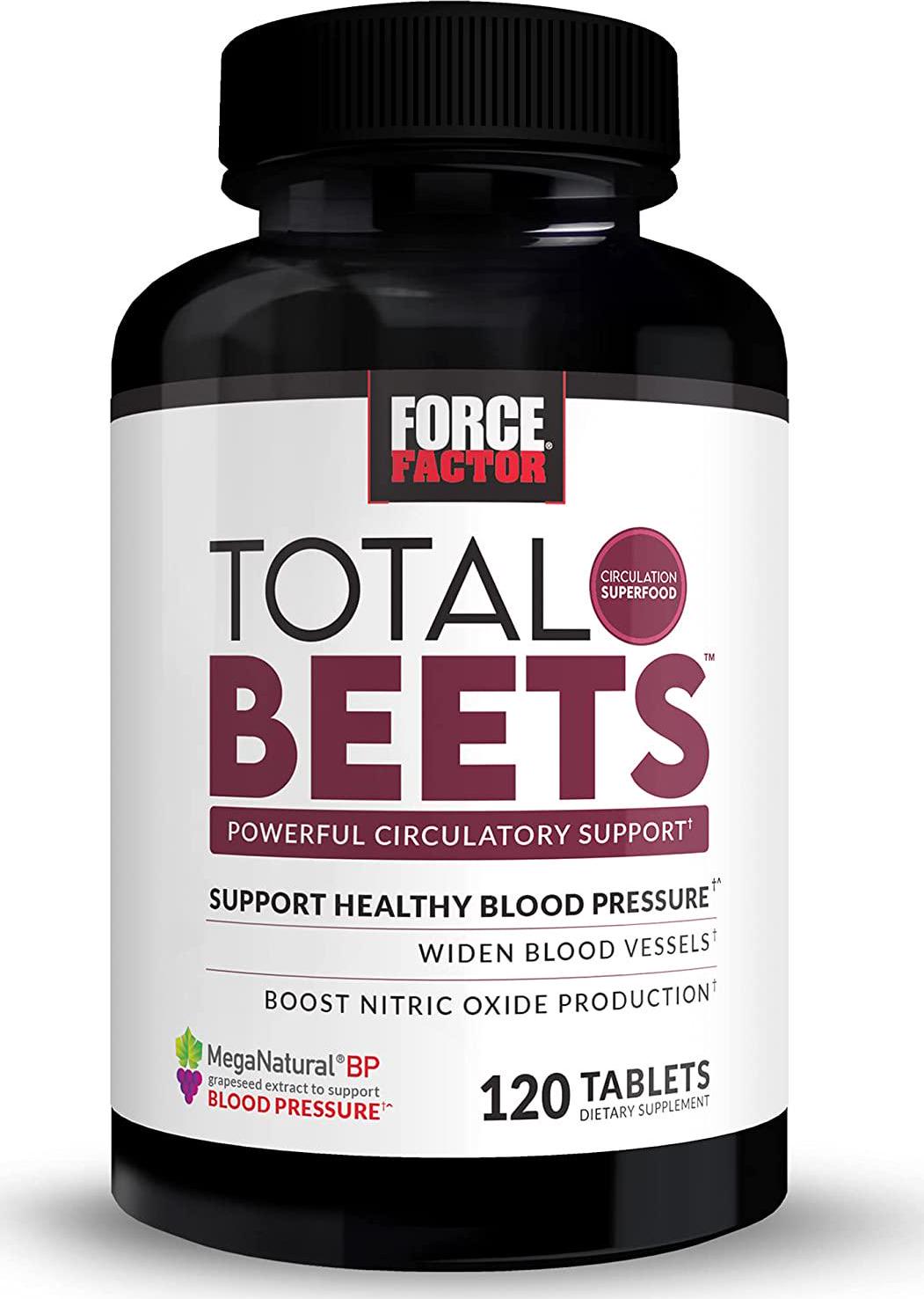 Force Factor Total Beets Blood Pressure Support Supplement with Nitrates and Grapeseed Extract to Boost Nitric Oxide, Circulatory and Cardiovascular Vasodilator Heart Health Vitamins, 120 Count