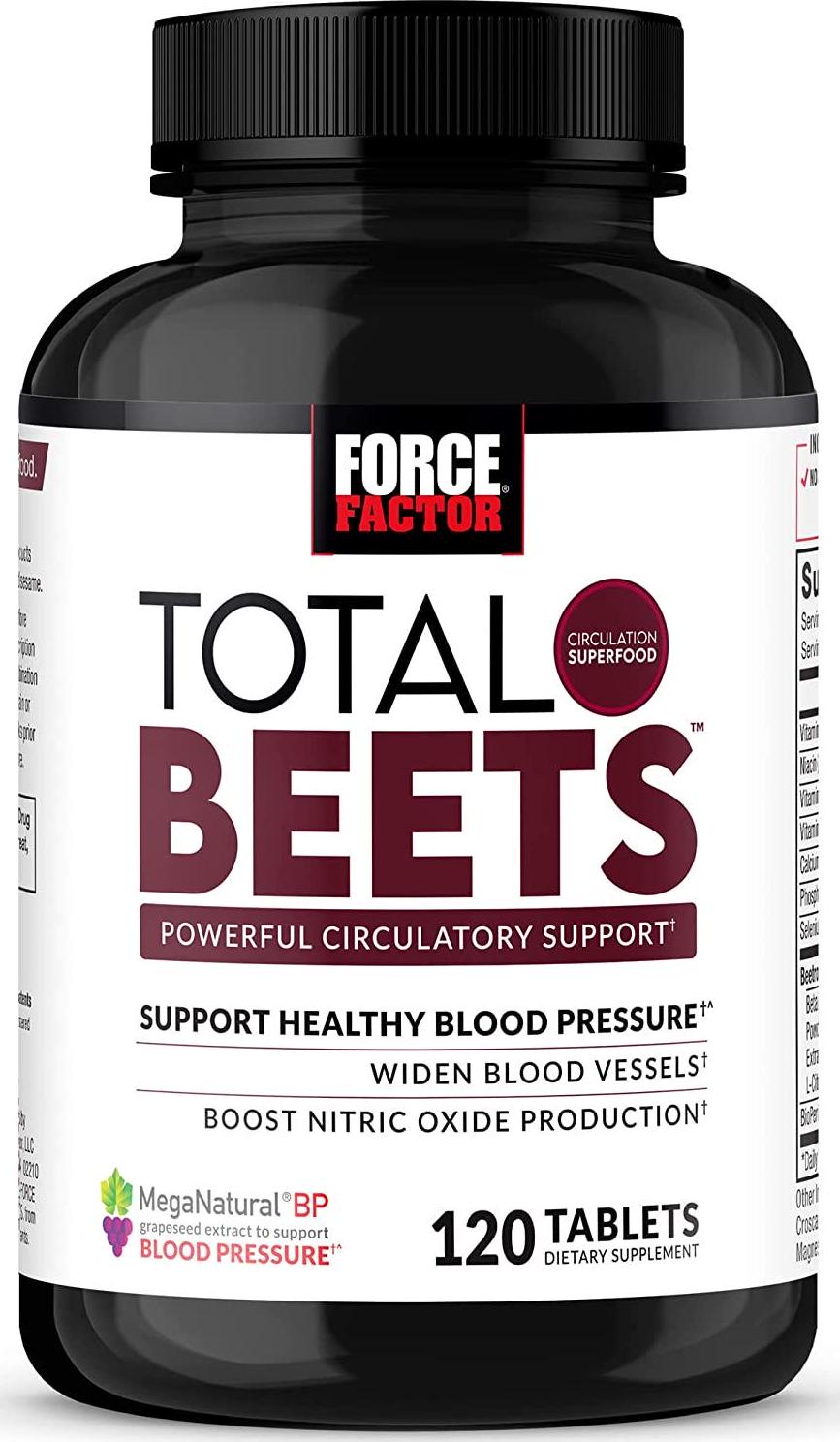 Force Factor Total Beets Blood Pressure Support Supplement with Nitrates and Grapeseed Extract to Boost Nitric Oxide, Circulatory and Cardiovascular Vasodilator Heart Health Vitamins, 120 Count
