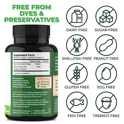 Forest Leaf - Apple Cider Vinegar Capsules with Cayenne Pepper Powder 1200mg - 120 Organic Pills - ACV Raw Supports Metabolism, Diet, Detox, Digestion, Gut Health, Cleanser - Immune Support Supplement