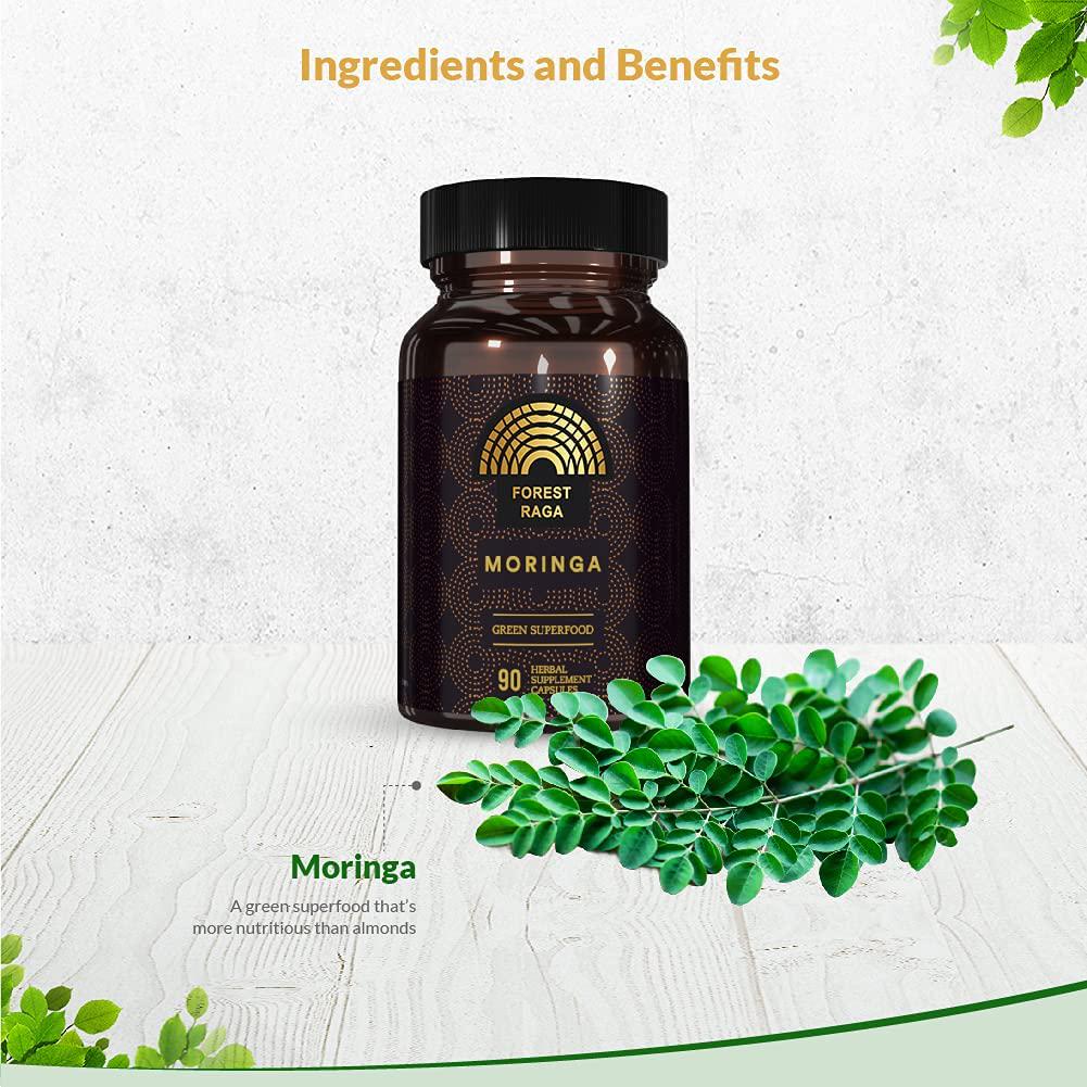Forest Raga Moringa Capsules | 100% Pure and Forest-Grown Supplement | A Natural Multivitamin | Boosts Immunity and Metabolism | Promotes Healthy Heart and Brain | Manage Diabetes and Cholesterol- 90 Veg Caps
