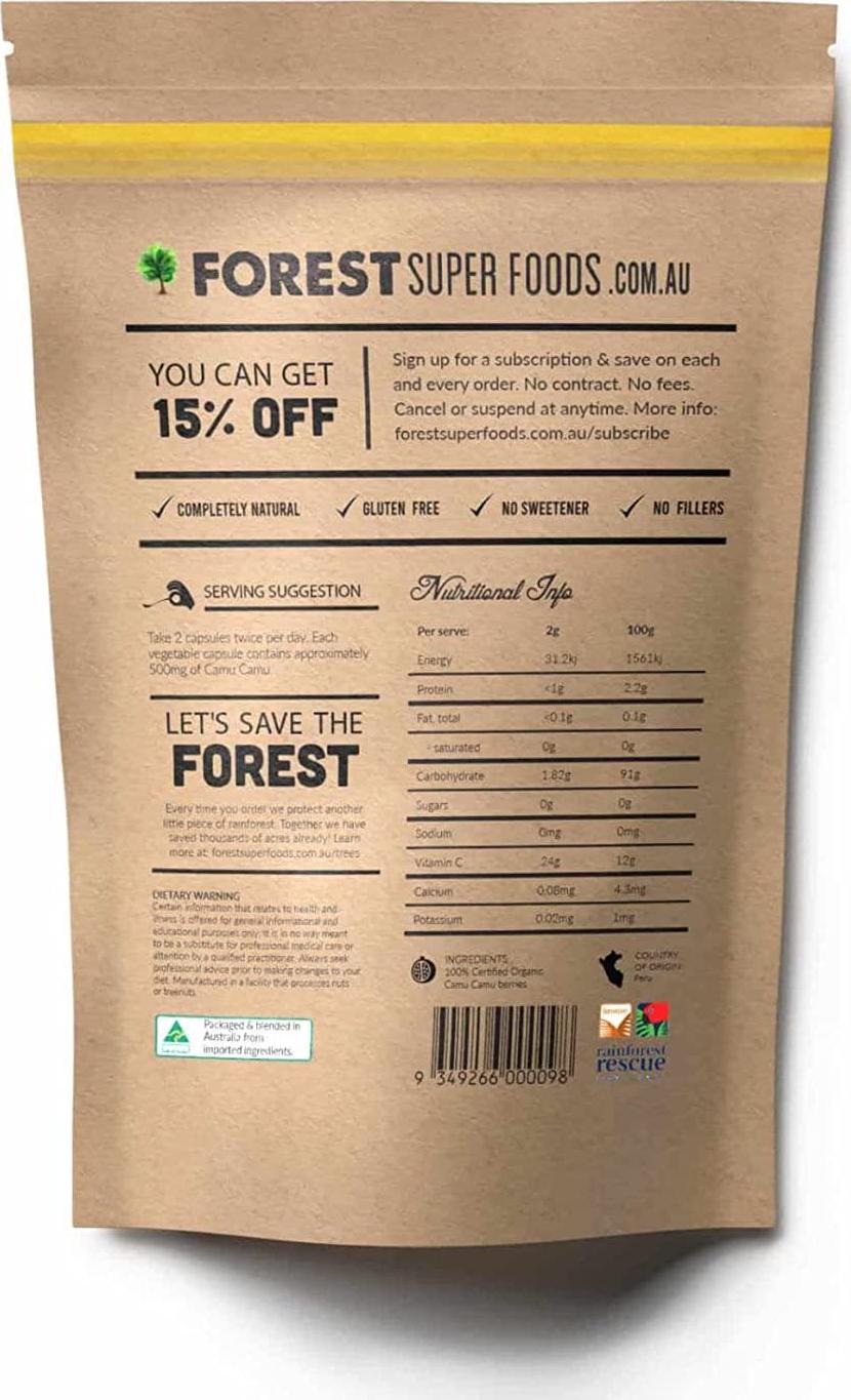 Forest Super Foods Certified Organic Premium Camu Camu 250g Direct From Peru (90 day supply)