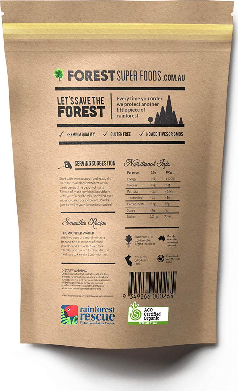 Forest Super Foods Certified Organic Raw Yellow Maca Powder 500g (60 day supply) Direct From Peru. No fillers.
