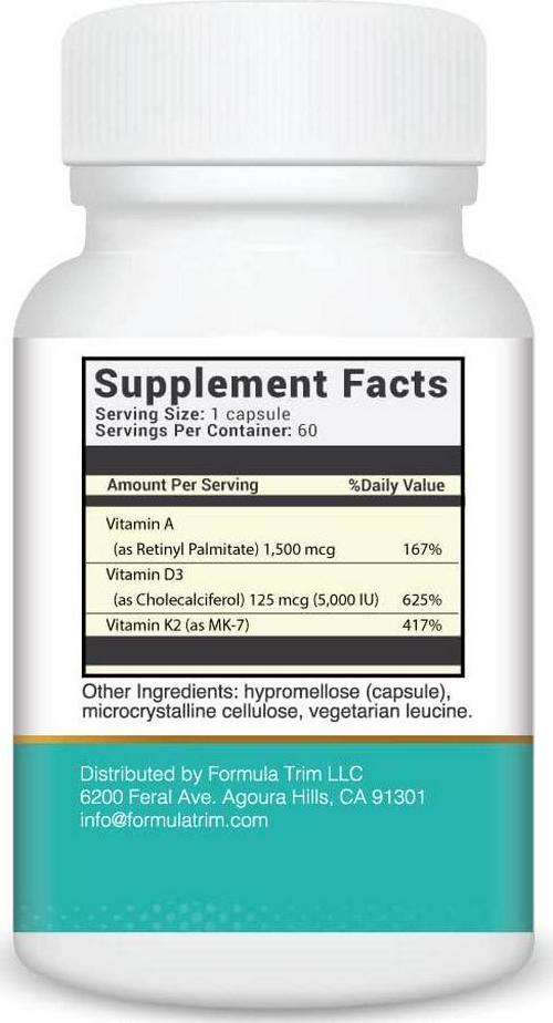 Formula Trim ADK for Women - 1500mcg Vitamin A, 125mcg Vitamin D3 5,000 IU, Vitamin K2 | Vegetarian and Gluten Free and Soy Free | 60 Capsules