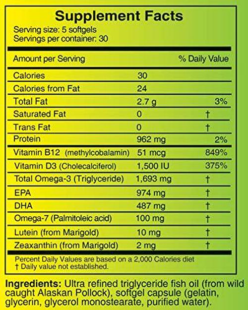Formulated for Dry Eyes Mini-softgels of Ultra Pure Omega-3, Lutein, Zeaxanthin, Vitamins B12 and D3 (150 Half-Sized softgels) (1 Month Supply (500mg softgel))