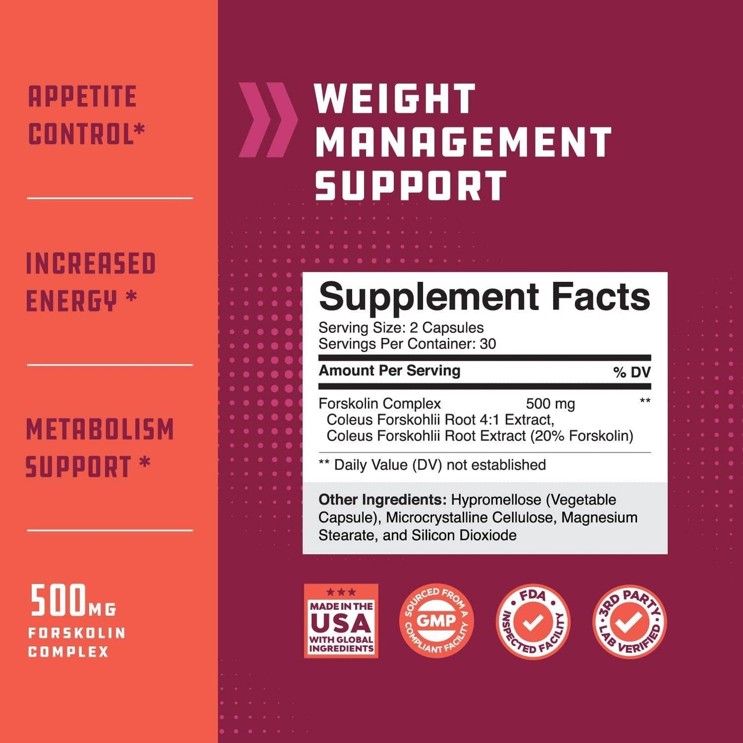 Forskolin Supplement Natural Appetite Suppressant - Forskolin for Weight Loss Maximum Strength Metabolism Booster Sugar Blocker Belly Fat Burner Immune Support and Carb Blocker - Natural Weight Loss