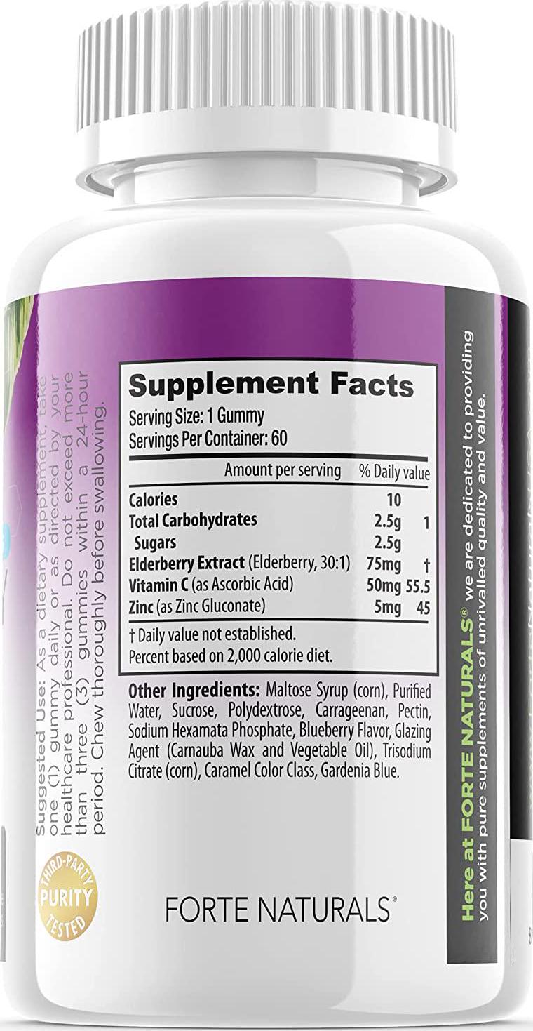 Forte Naturals Elderberry Gummies for Kids, Immune Support Gummies with Vitamin C and Zinc, Raspberry Flavor - 60 Gummies