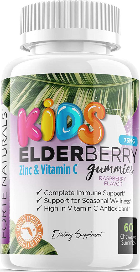 Forte Naturals Elderberry Gummies for Kids, Immune Support Gummies with Vitamin C and Zinc, Raspberry Flavor - 60 Gummies