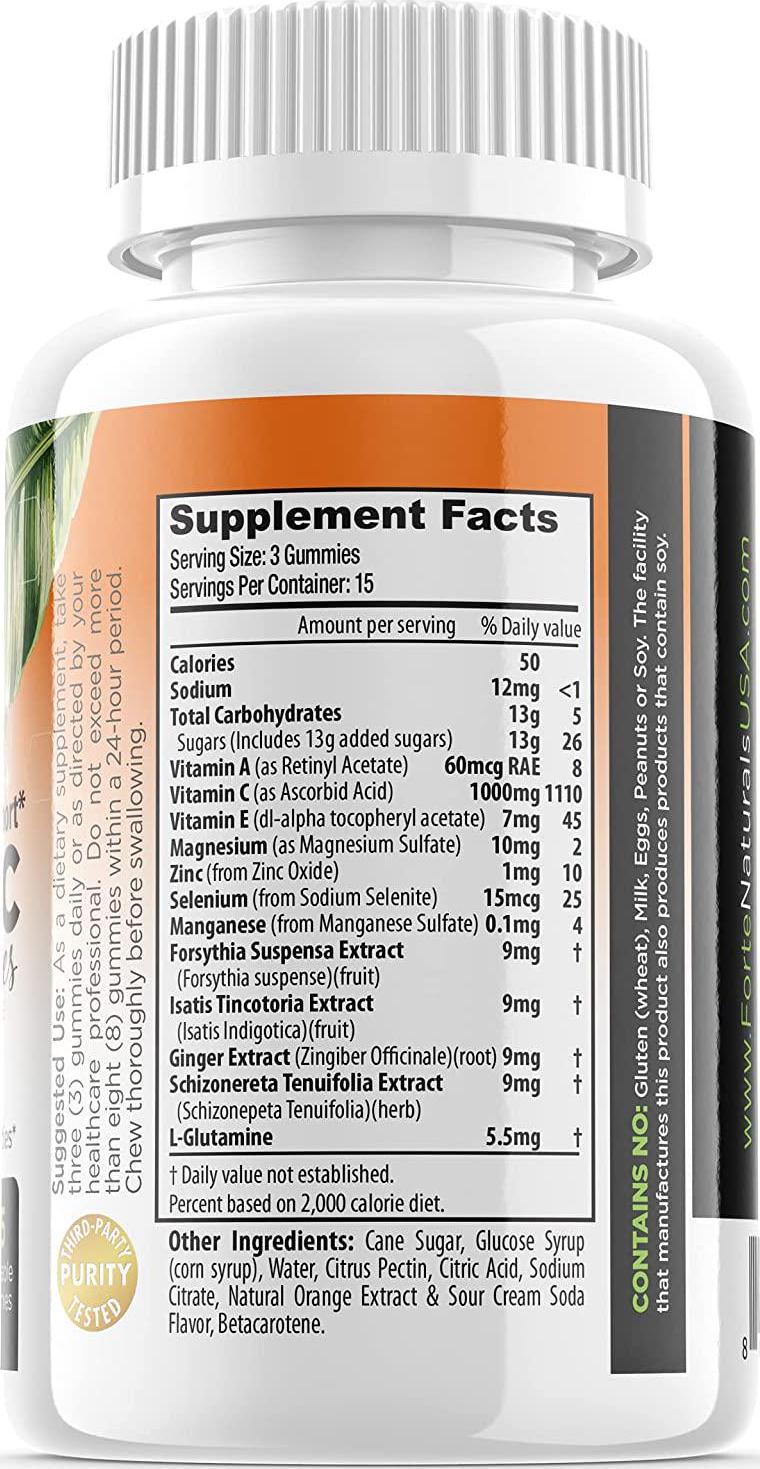 Forte Naturals Vitamin C 1000mg Immune Support Supplement with Antioxidants, Gummy for Adults, Sour Orange Flavor - 45 Gummies
