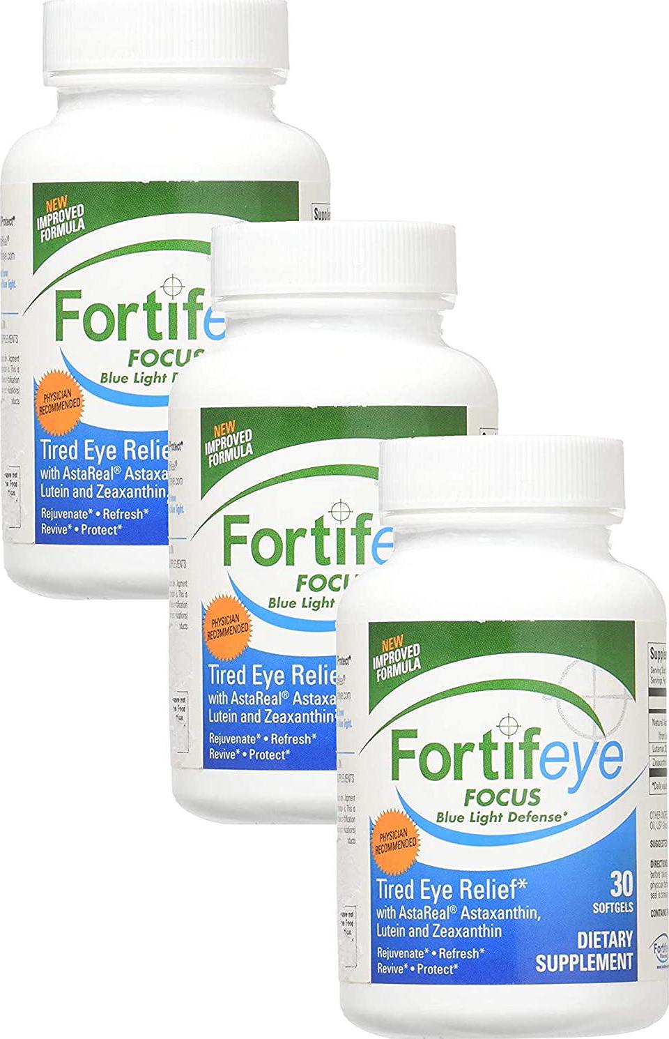 Fortifeye Vitamins Focus Eye Care Supplement, Complex Mix of Macular Carotenoids Including Astaxanthin, Lutein, and Zeaxanthin - 90 Day Supply (3 Bottles of 30), Softgel Capsules