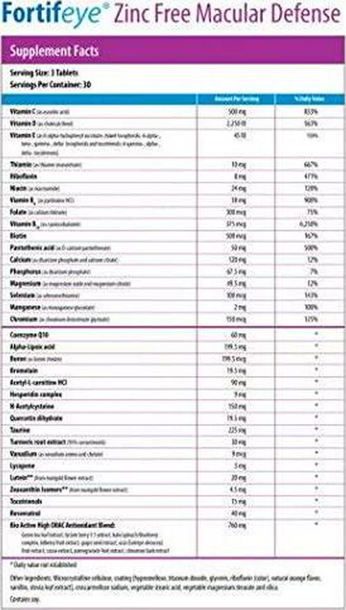 Fortifeye Vitamins Macular Defense Multivitamin, All Natural USP Verified Total Body and Vision Supplement - 30 Day Supply, 90 Tablets (Zinc Free)