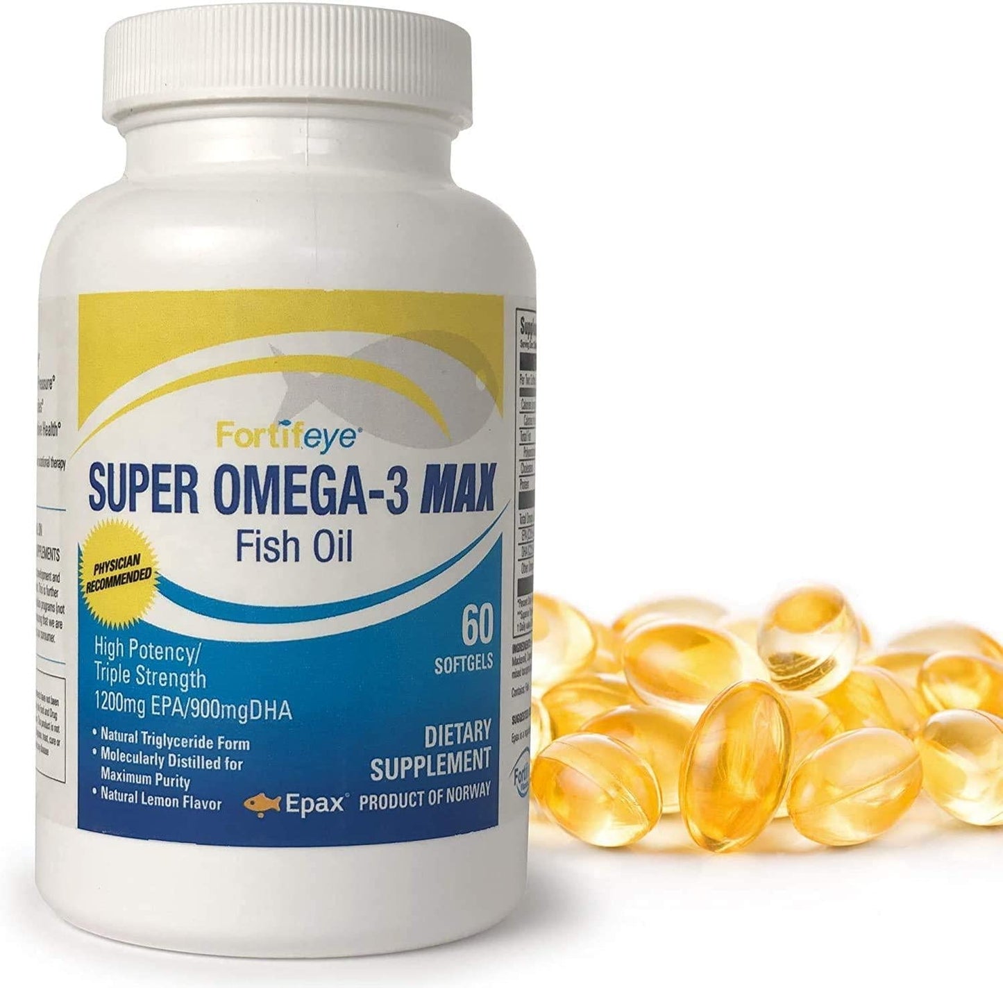 Fortifeye Vitamins Super Omega-3 Fish Oil, Lemon Flavor, Natural Triglyceride, 900 EPA / 600 DHA Per Serv. - 60 Day, 120 Softgel Capsules