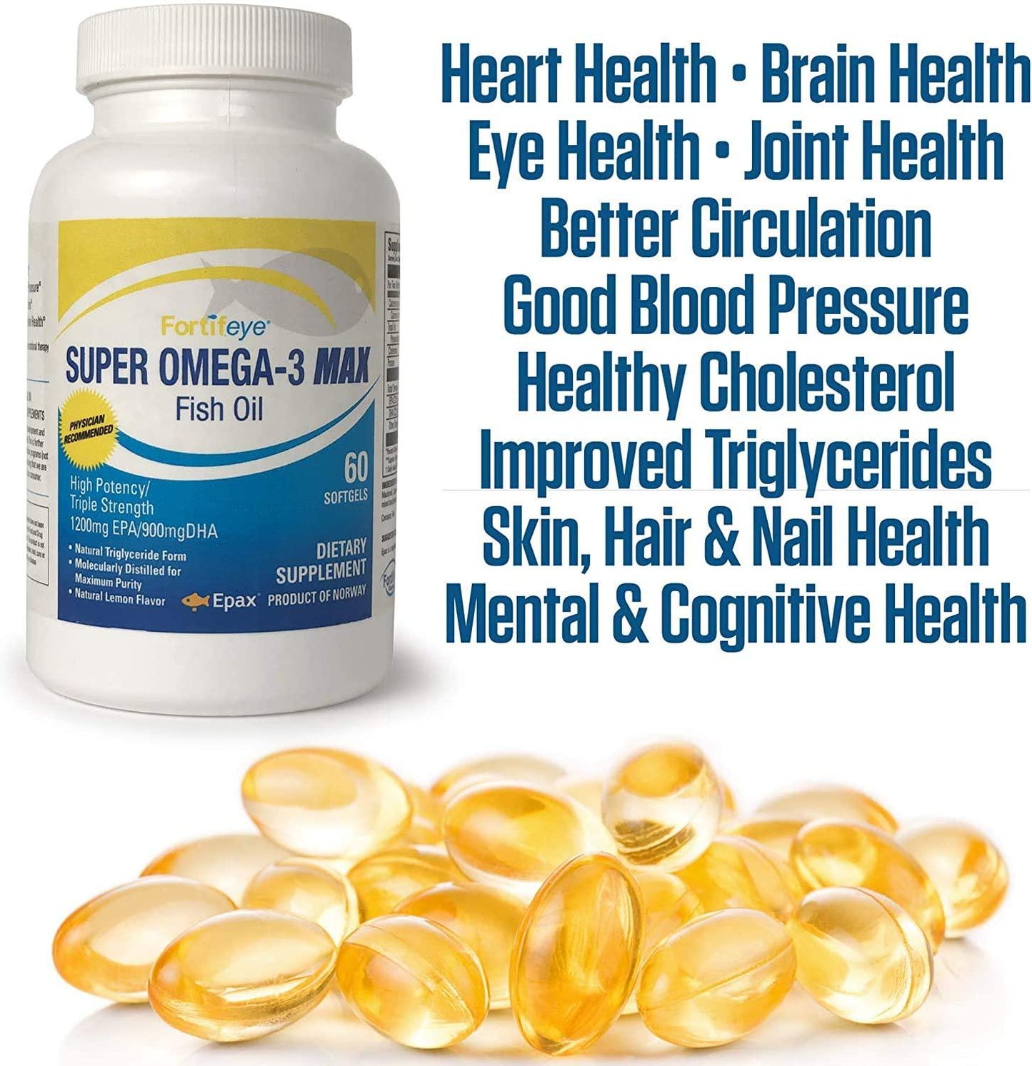 Fortifeye Vitamins Super Omega-3 Max Fish Oil, Lemon Flavor, Natural Triglyceride, 1200 EPA / 900 DHA Per Serv. - 60 Day, 120 Max Softgel Capsules