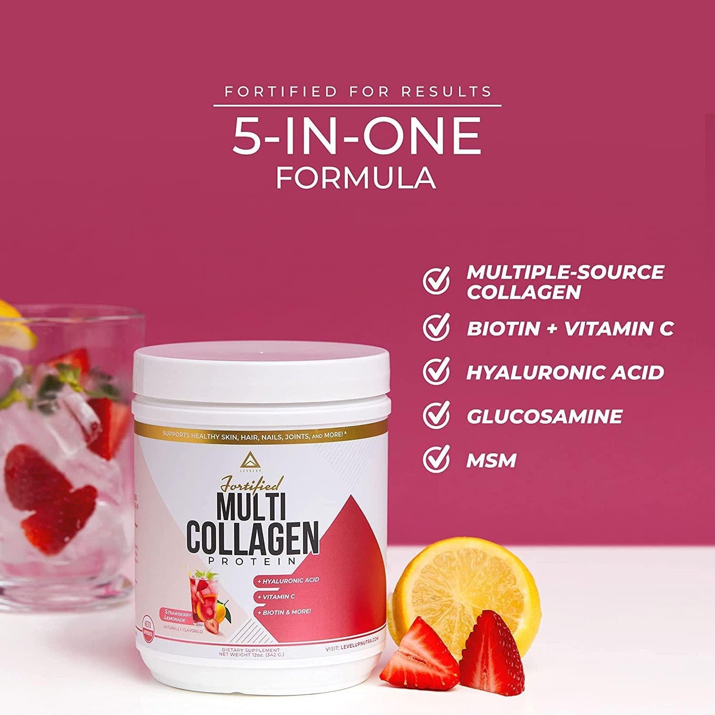 Fortified Multi Collagen Protein Powder: Types I, II, III, V and X with Added Biotin, Hyaluronic Acid, Glucosamine, MSM for Joints Hair Skin Nails Gut - Keto Approved (Strawberry Lemonade - 10 Servings)