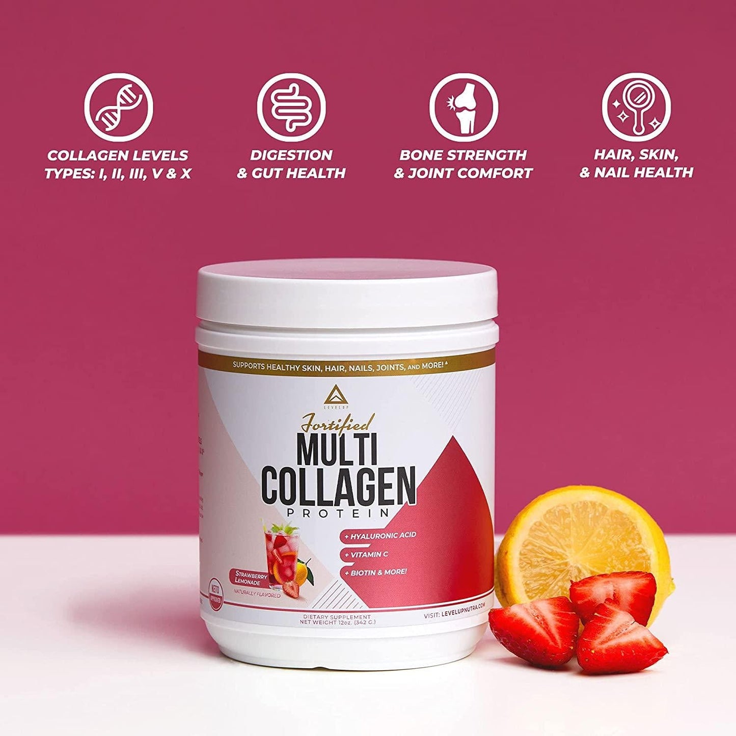 Fortified Multi Collagen Protein Powder: Types I, II, III, V and X with Added Biotin, Hyaluronic Acid, Glucosamine, MSM for Joints Hair Skin Nails Gut - Keto Approved (Strawberry Lemonade - 10 Servings)