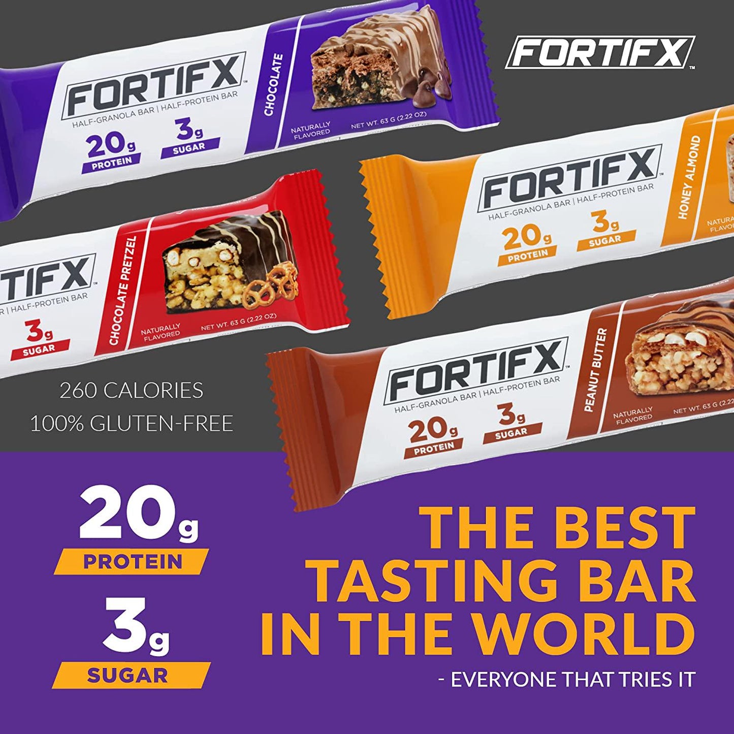 Fortifx Protein Bars - 20g Protein - 3g Sugar - Low Calorie High Protein Bars - Gluten Free Candy Bar - Whey and Granola Protein Snacks - Low Sugar One Meal Replacement Bar - 4-Bar Variety Sampler Pack
