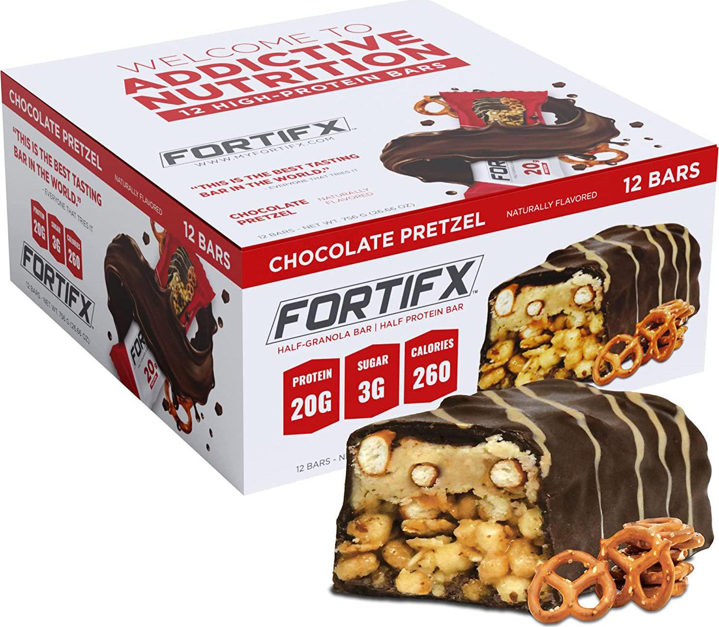 Fortifx Protein Bars - Chocolate Pretzel Protein Bar - Case of 12 - Low Calorie High Protein Bars - Gluten Free Candy Bar - Whey and Granola Protein Snacks - Low Sugar One Meal Replacement Bar