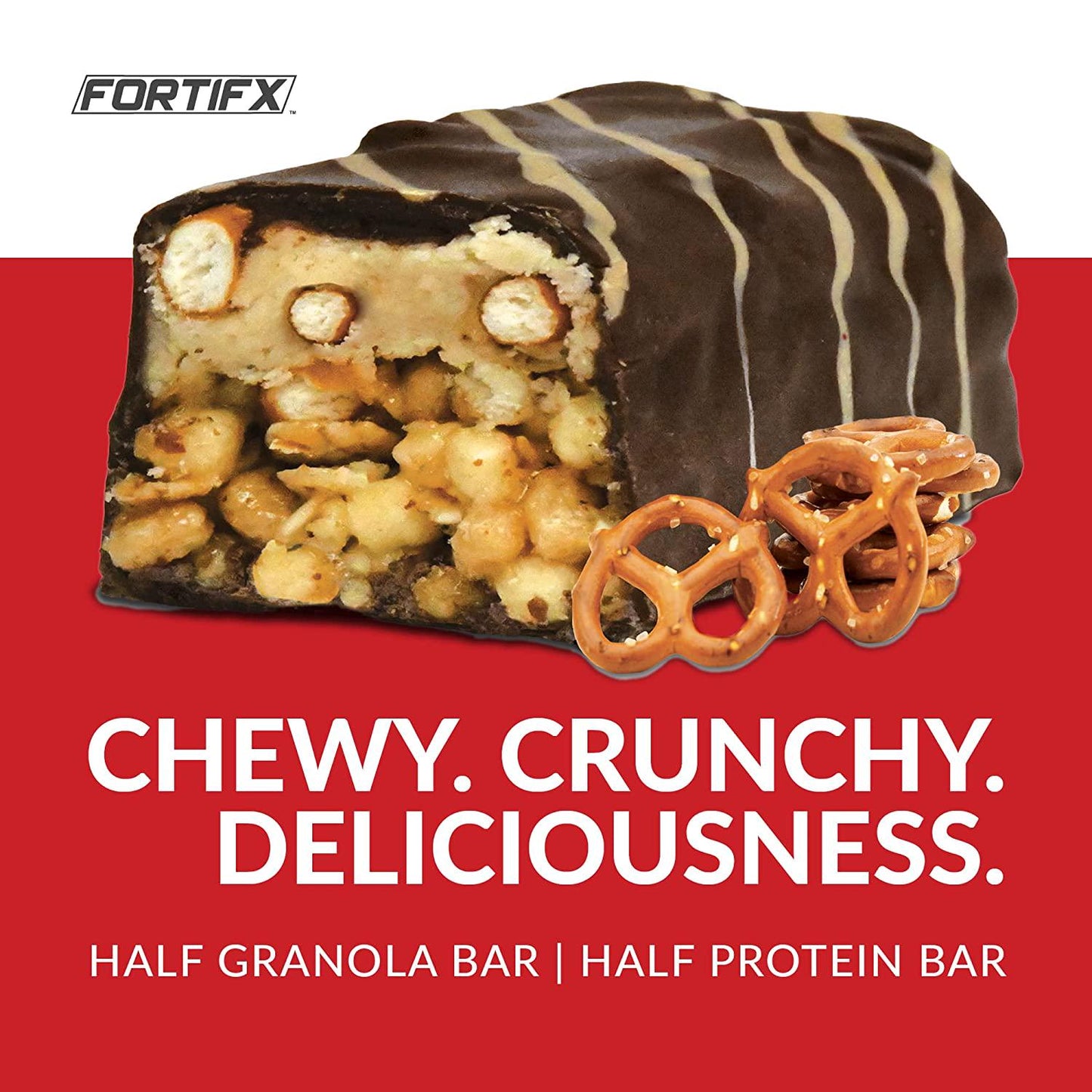Fortifx Protein Bars - Chocolate Pretzel Protein Bar - Case of 12 - Low Calorie High Protein Bars - Gluten Free Candy Bar - Whey and Granola Protein Snacks - Low Sugar One Meal Replacement Bar