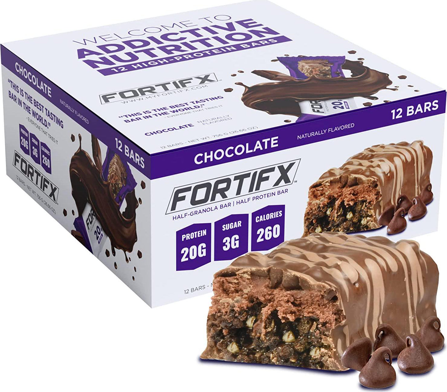 Fortifx Protein Bars - 20g Protein - 3g Sugar - Low Calorie High Protein Bars - Gluten Free Candy Bar - Whey and Granola Protein Snacks - Low Sugar One Meal Replacement Bar (Chocolate)