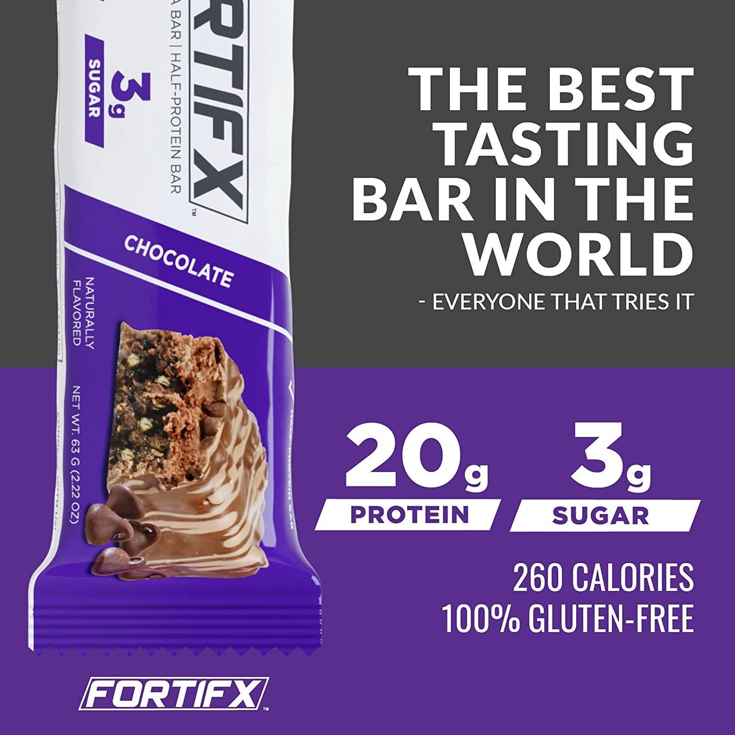 Fortifx Protein Bars - 20g Protein - 3g Sugar - Low Calorie High Protein Bars - Gluten Free Candy Bar - Whey and Granola Protein Snacks - Low Sugar One Meal Replacement Bar (Chocolate)