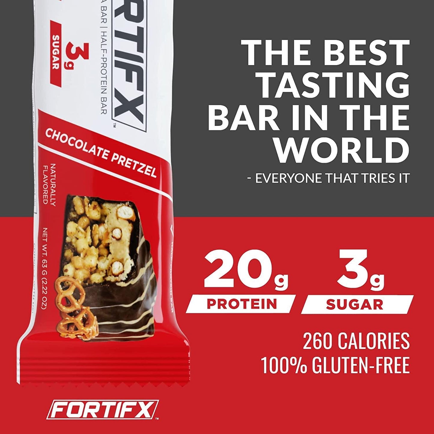 Fortifx Protein Bars - Chocolate Pretzel Protein Bar - Case of 12 - Low Calorie High Protein Bars - Gluten Free Candy Bar - Whey and Granola Protein Snacks - Low Sugar One Meal Replacement Bar