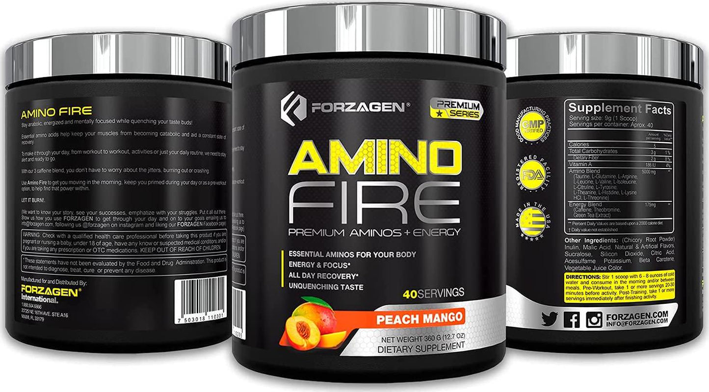 Forzagen Amino Energy + BCAA Amino Acids - Energy | Focus | Endurance | Reaction | 40 Servings of Amazing Flavors | Amino Fire (Peach Mango)