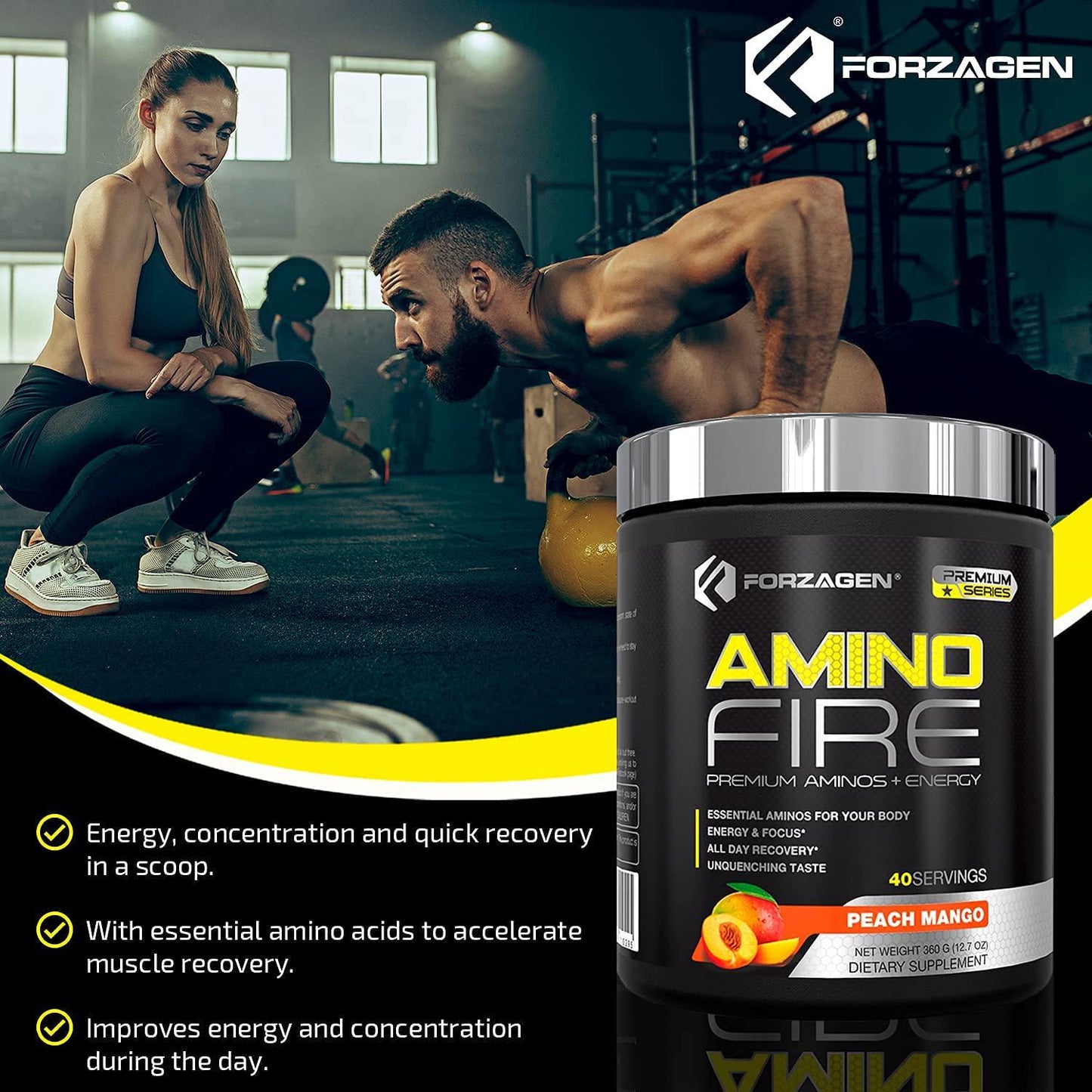 Forzagen Amino Energy + BCAA Amino Acids - Energy | Focus | Endurance | Reaction | 40 Servings of Amazing Flavors | Amino Fire (Peach Mango)