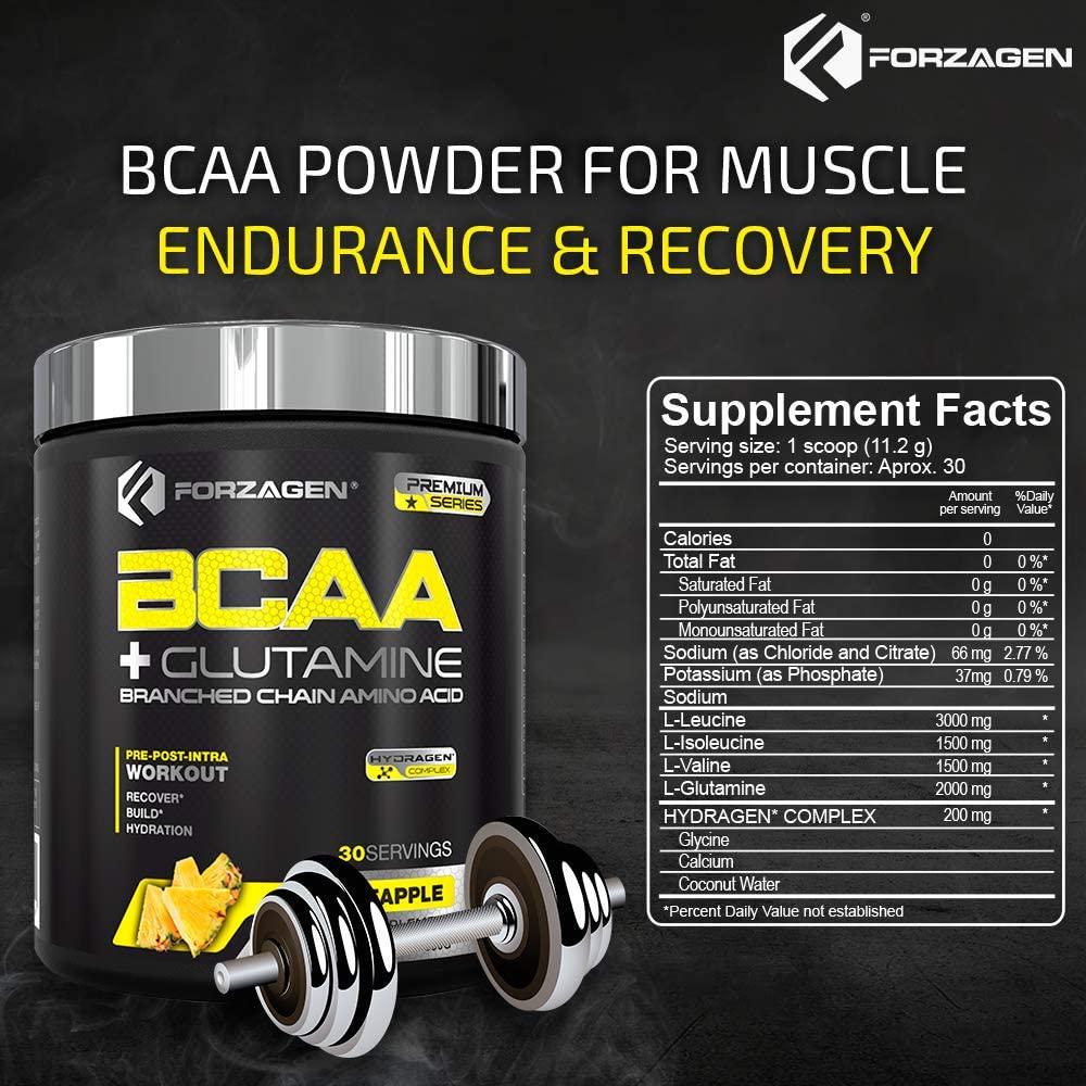 Forzagen BCAA Powder with Glutamine 30 Servings, Branched Chain Amino Acid Powder, Recovery Post Workout, Build, Hydration Available 4 Flavors (Pineapple)