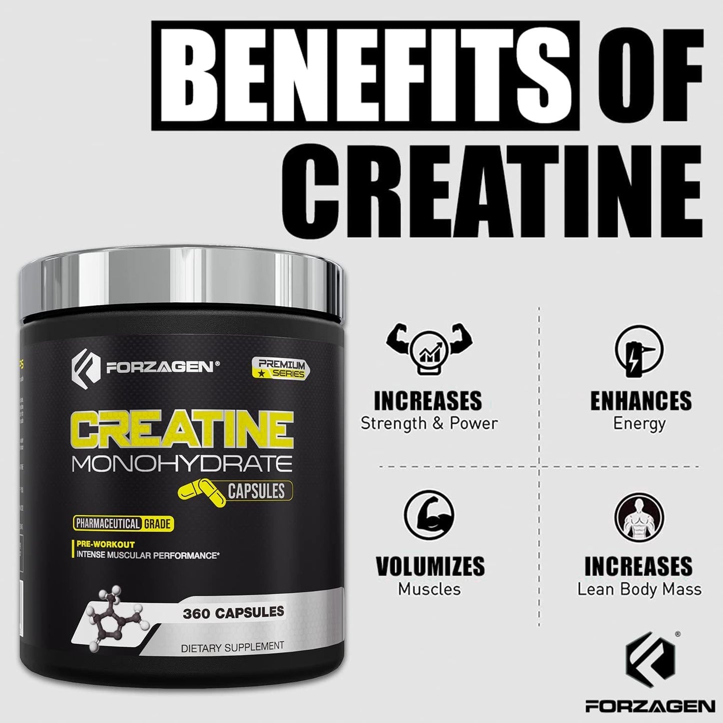 Forzagen Creatine Monohydrate Capsules 360 Capsules, Muscle Gaining Support, Strength Improve