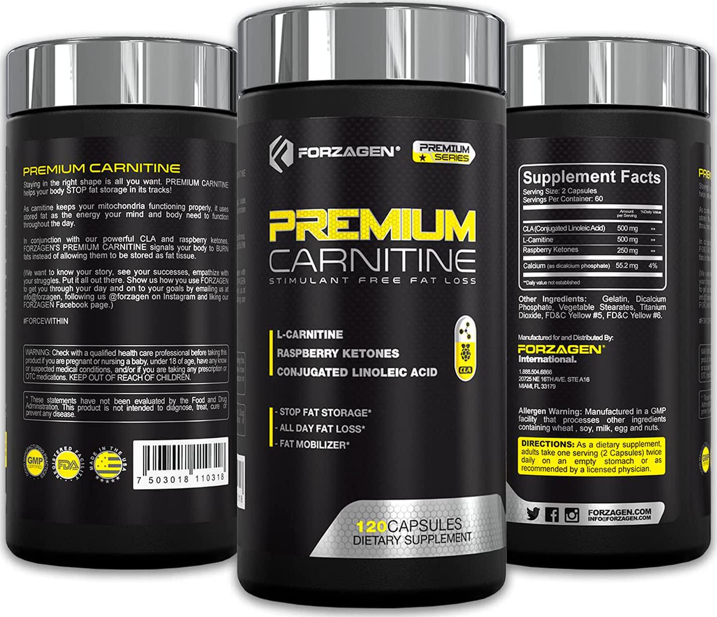 Forzagen L Carnitine Capsules 120 caps - with CLA and Natural Raspberry Ketones. Premiun Quality Carnitine Natural Fat Burner for Women and Men - All Day Fat Loss - Keto Friendly.