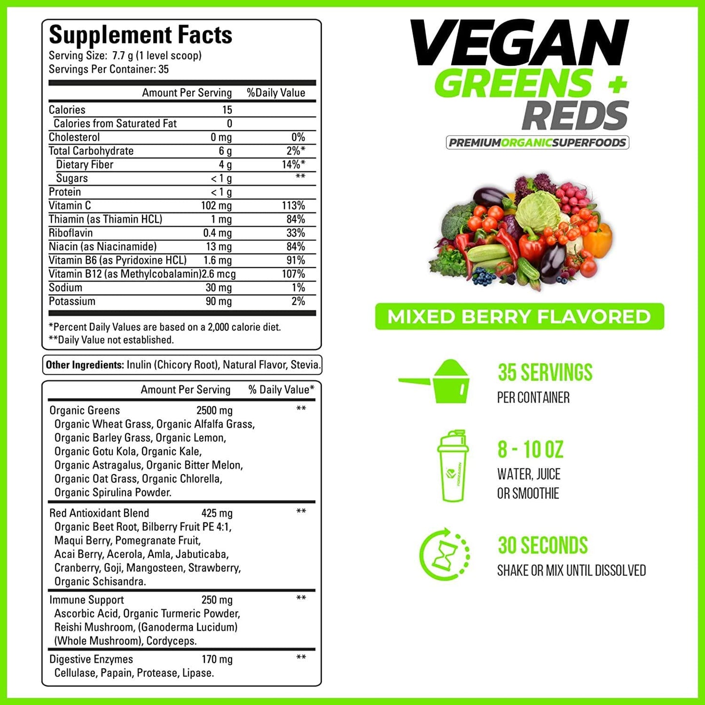 Forzagen Vegan Greens + Reds Superfood - Healthy Food Amazing Grass Natural | Premium Herbal Supplement | 35 Servings Superfood Powder | Organic