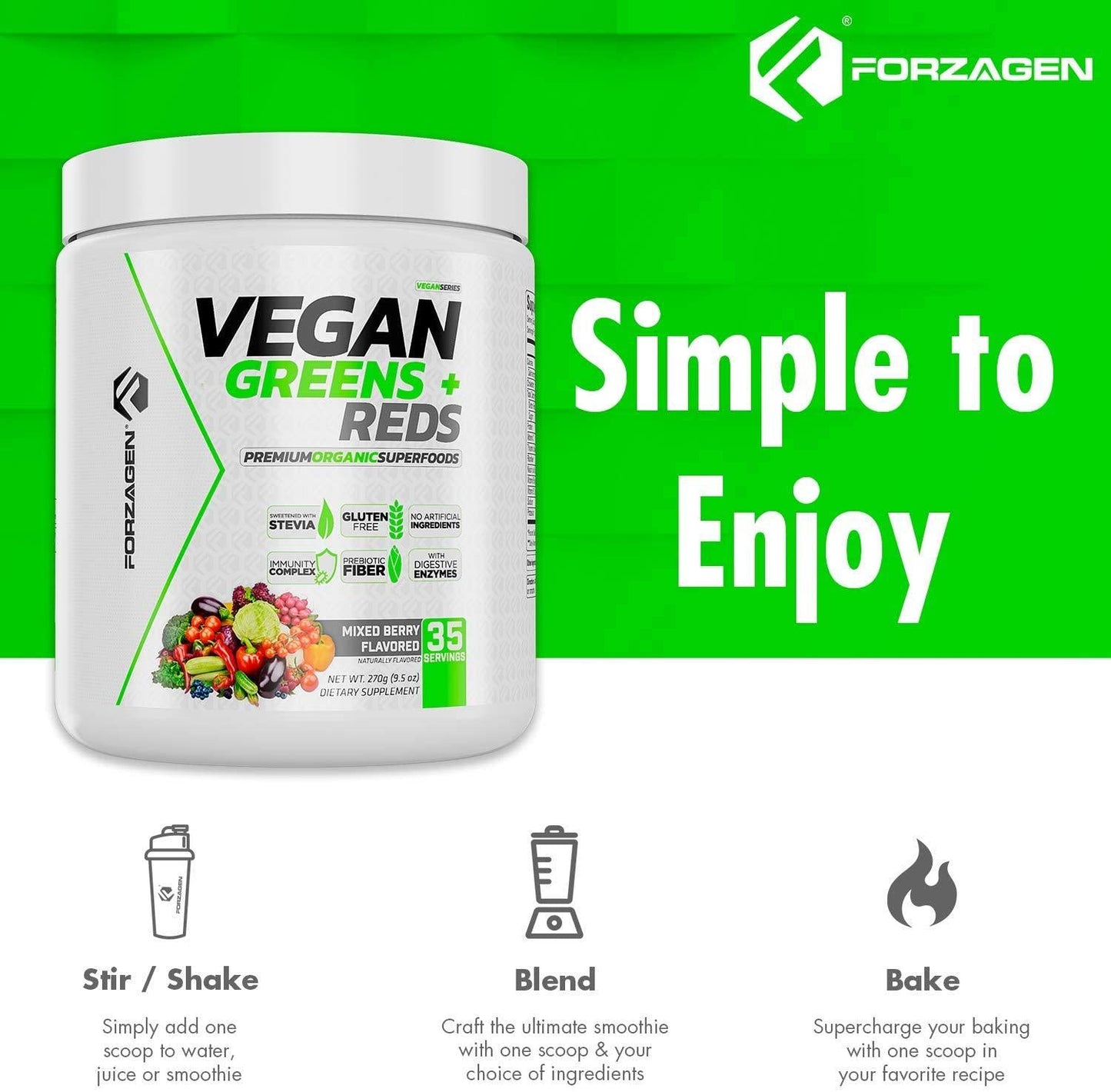 Forzagen Vegan Greens + Reds Superfood - Healthy Food Amazing Grass Natural | Premium Herbal Supplement | 35 Servings Superfood Powder | Organic