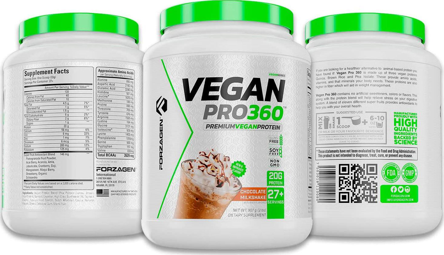 Forzagen Vegan Protein 360 2 Lbs 27 Servings, Plant Based Protein Extracted from Quinoa, Brown Rice and Pea Isolate Protein, Dairy, Soy and Gluten Free, Nom GMO (Chocolate)