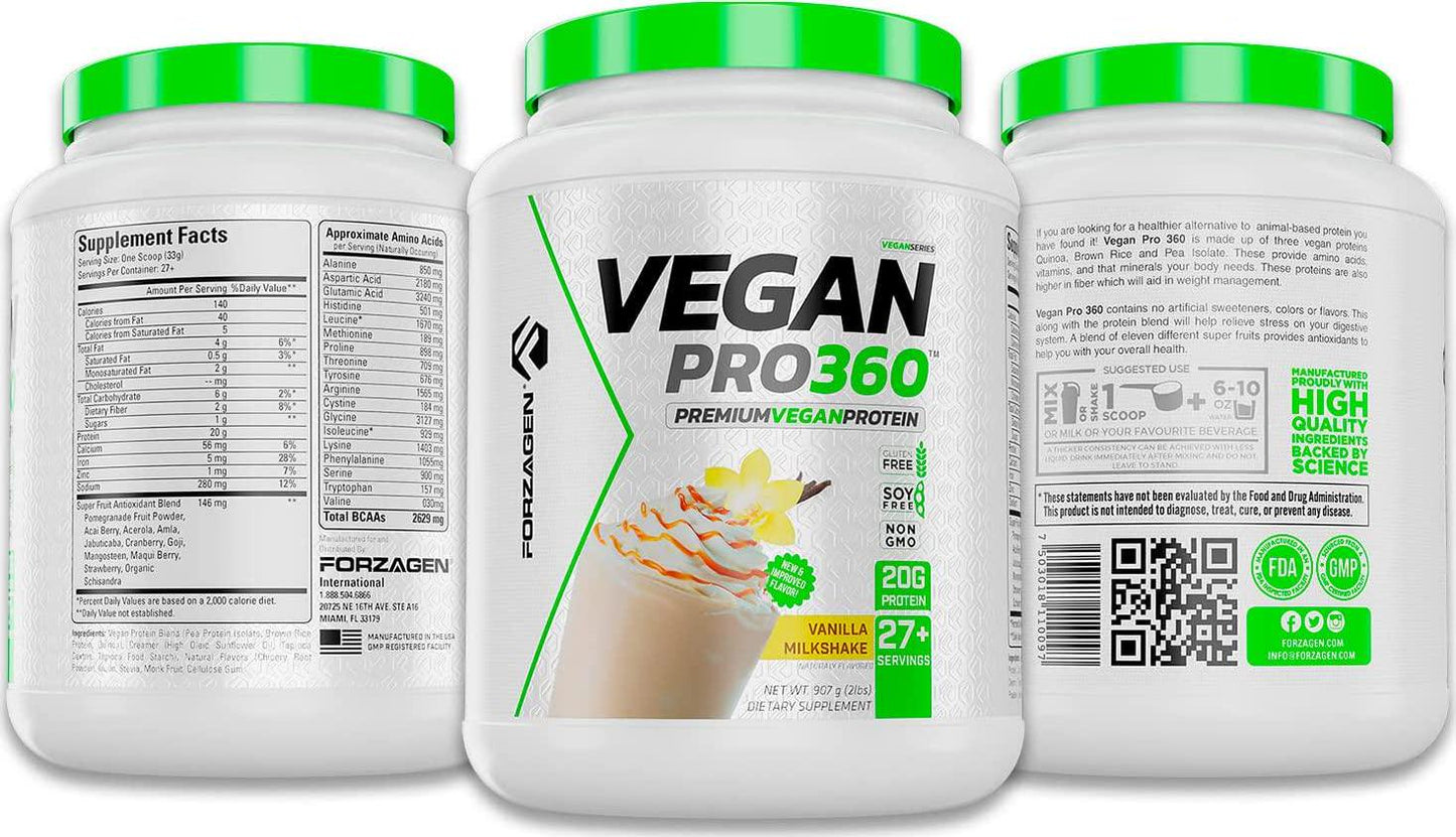 Forzagen Vegan Protein 360 2 Lbs 27 Servings, Plant Based Protein Extracted from Quinoa, Brown Rice and Pea Isolate Protein, Dairy, Soy and Gluten Free, Nom GMO (Vanilla)